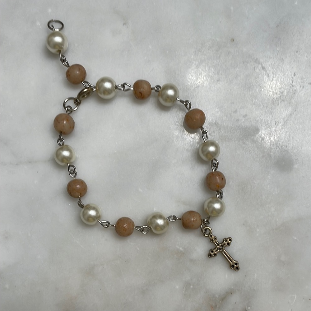 Elegant Pearl and Tan Beaded Bracelet with Cross Charm rosary